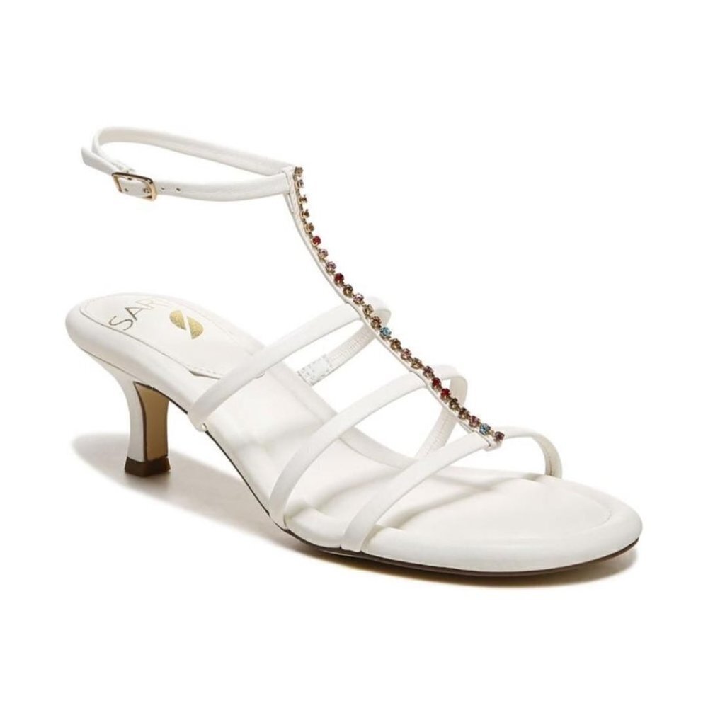 Franco Sarto Womens White Leather Rhinestones Kitten Heel Sandals Sz 8.5 New